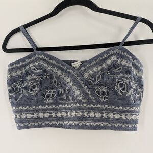 American Eagle Embroidered Boho Crop Top Blue Medium Floral Smocked  Bralette